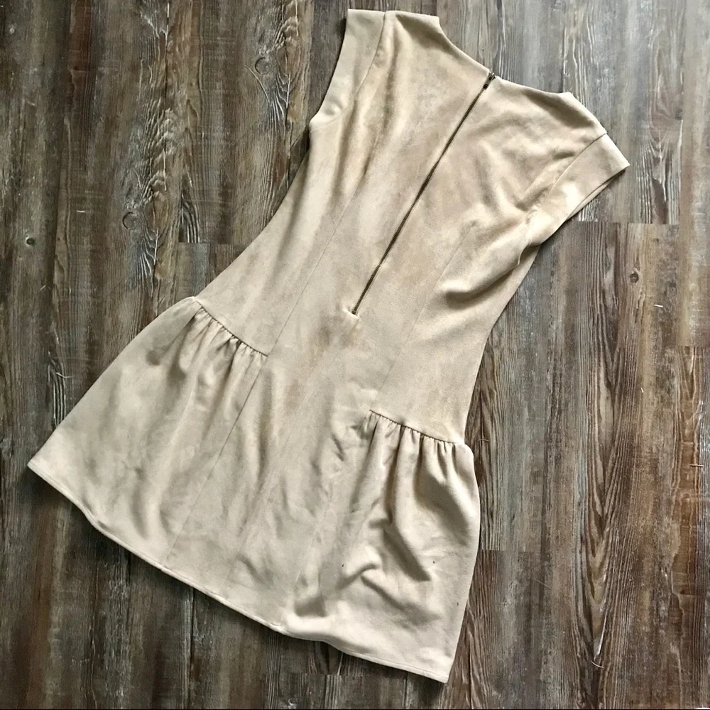 Greylin Nude Faux Suede Saulina Neutral Short Sleeve Minimalist Dress - Picture 5 of 5